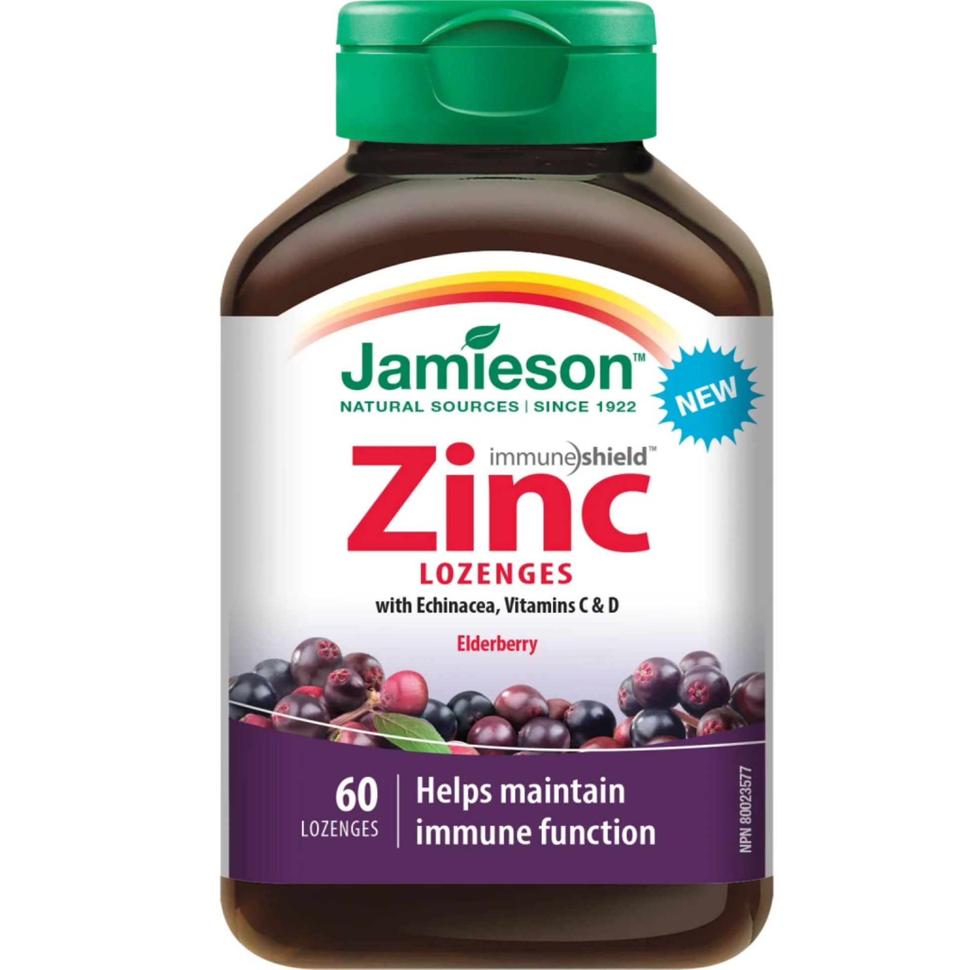 Elderberry, 60 Lozenges | Jamieson Zinc Lozenges with Echinacea, Vitamins C and D // elderberry flavour