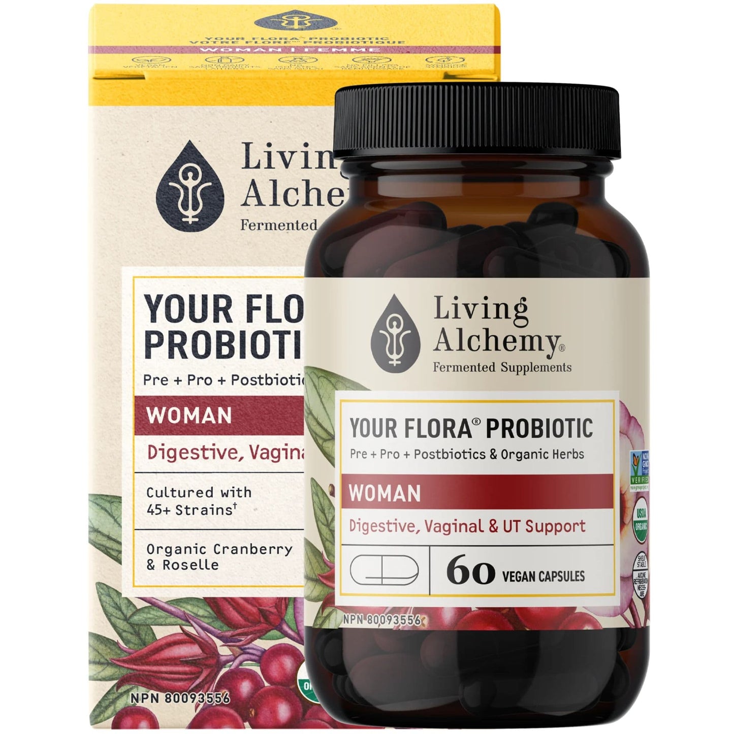 Living Alchemy Your Flora Woman, Vaginal & UT Balance, Probiotics, Prebiotics and Enzymes, 60 Capsules