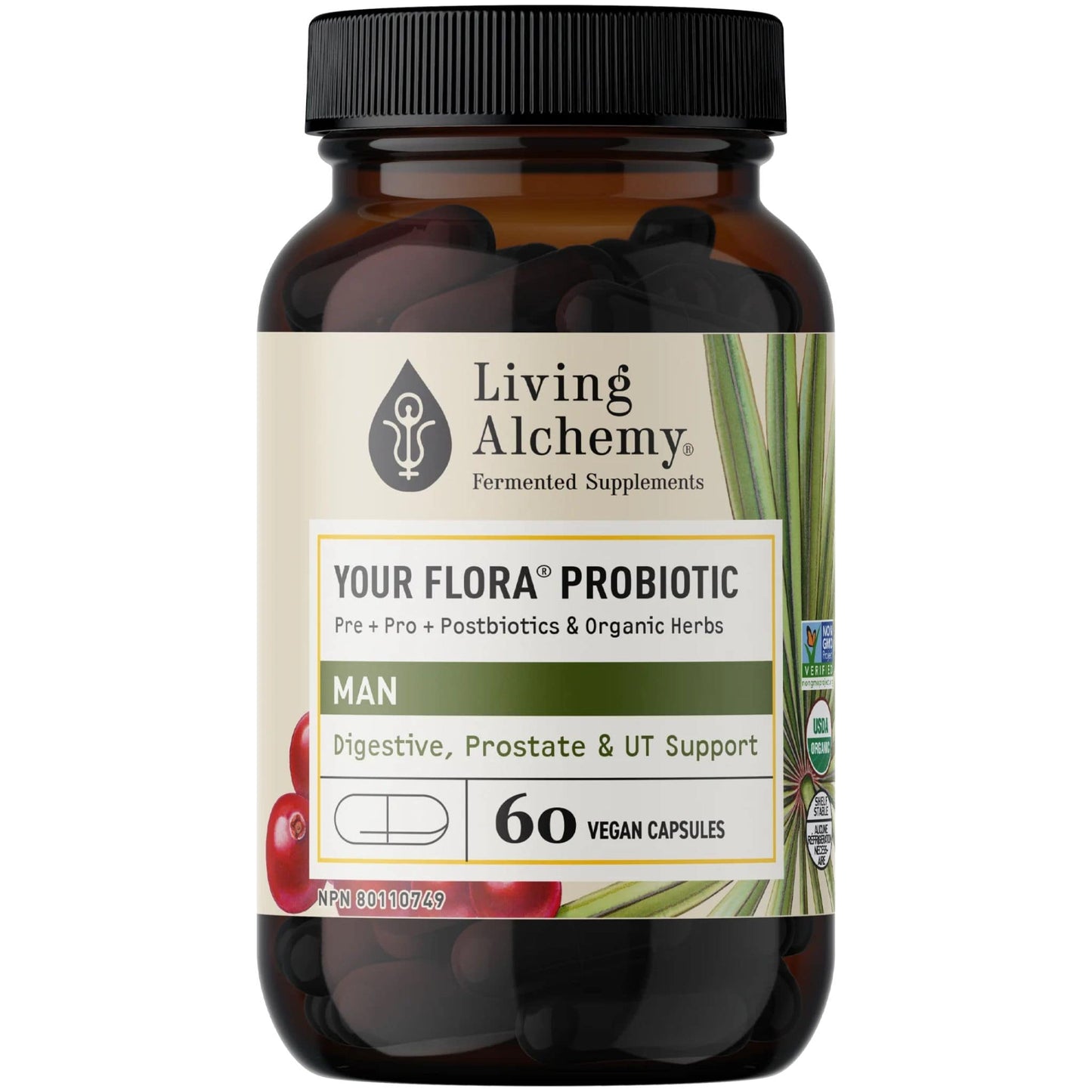 Living Alchemy Your Flora Man, Digestive, Prostate, UT Balance, Plant Based Probiotics, Prebiotics and Enzymes, 60 Vegetable Capsules