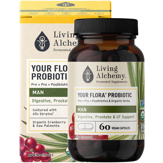 Living Alchemy Your Flora Man, Digestive, Prostate, UT Balance, Plant Based Probiotics, Prebiotics and Enzymes, 60 Vegetable Capsules