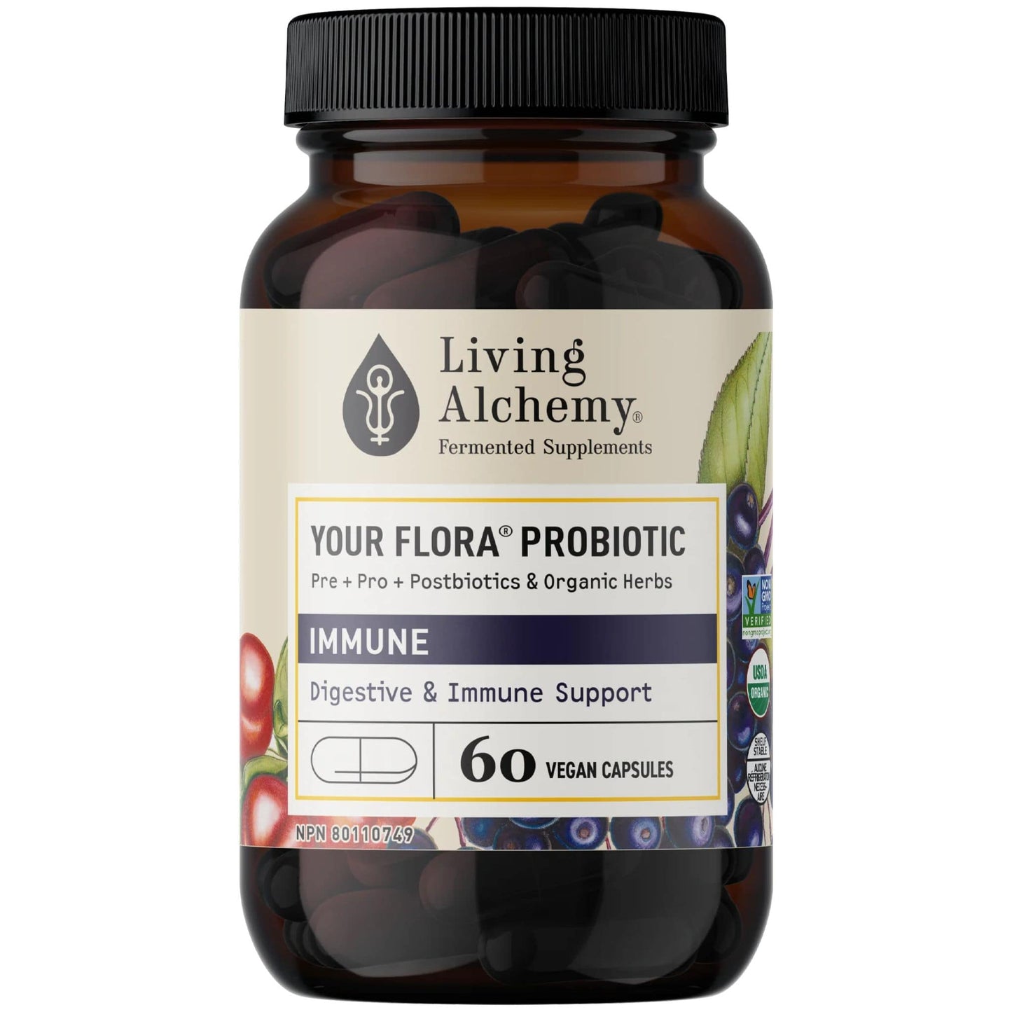 Living Alchemy Your Flora Immune, Digestive and Immune Support, Probiotics, Prebiotics and Enzymes, 60 Vegetable Capsules