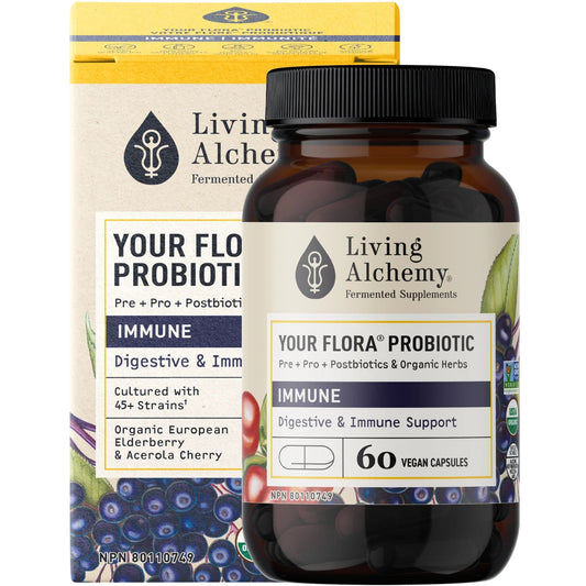 Living Alchemy Your Flora Immune, Digestive and Immune Support, Probiotics, Prebiotics and Enzymes, 60 Vegetable Capsules