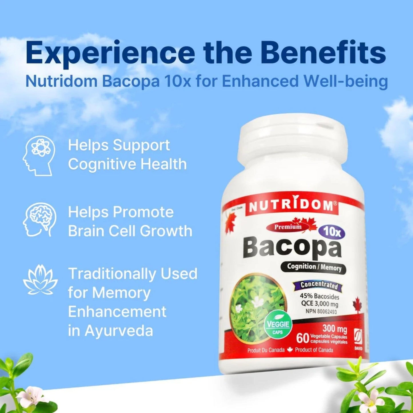 Nutridom Bacopa 10x, 300mg, 45% Bacosides, Supports Cognitive Health, 60 Vegetable Capsules