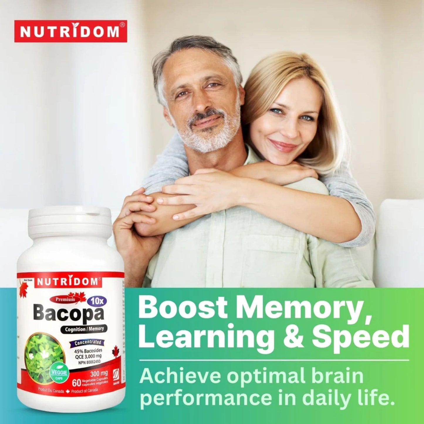 Nutridom Bacopa 10x, 300mg, 45% Bacosides, Supports Cognitive Health, 60 Vegetable Capsules