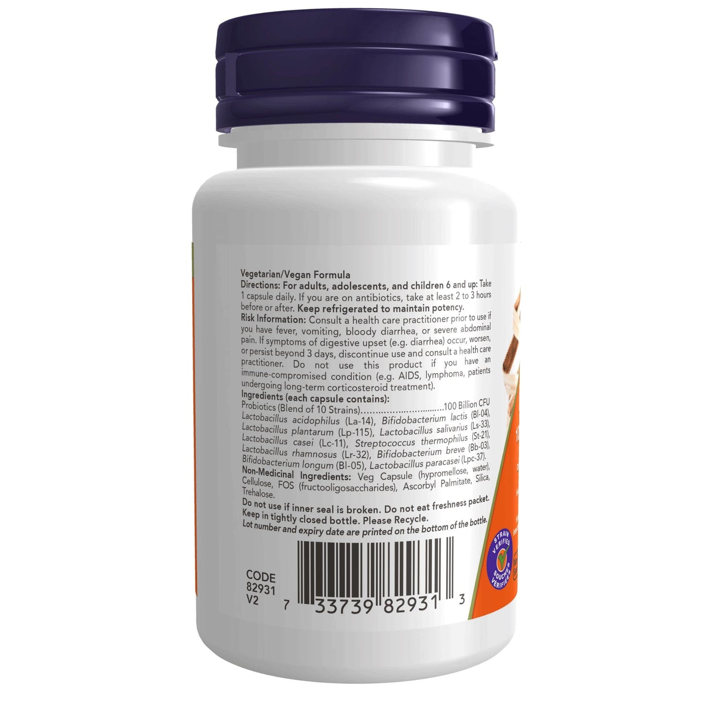 30 Vegetable Capsules | NOW Probiotic-10 100 Billion with 10 Live Strains Back Label