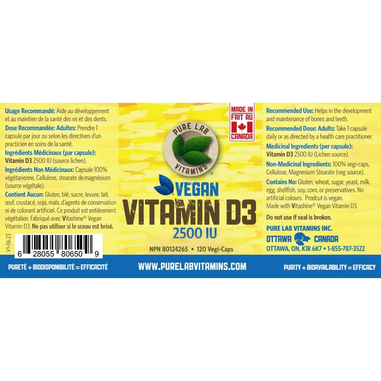 120 Vegetable Capsules | Pure Lab Vitamins Vegan Vitamin D3 2500 IU Nutrition Label