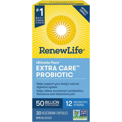 30 Vegetarian Capsules | RenewLife Ultimate Flora Extra Care Probiotic, 50 Billion Active Cultures, 12 Probiotic Strains