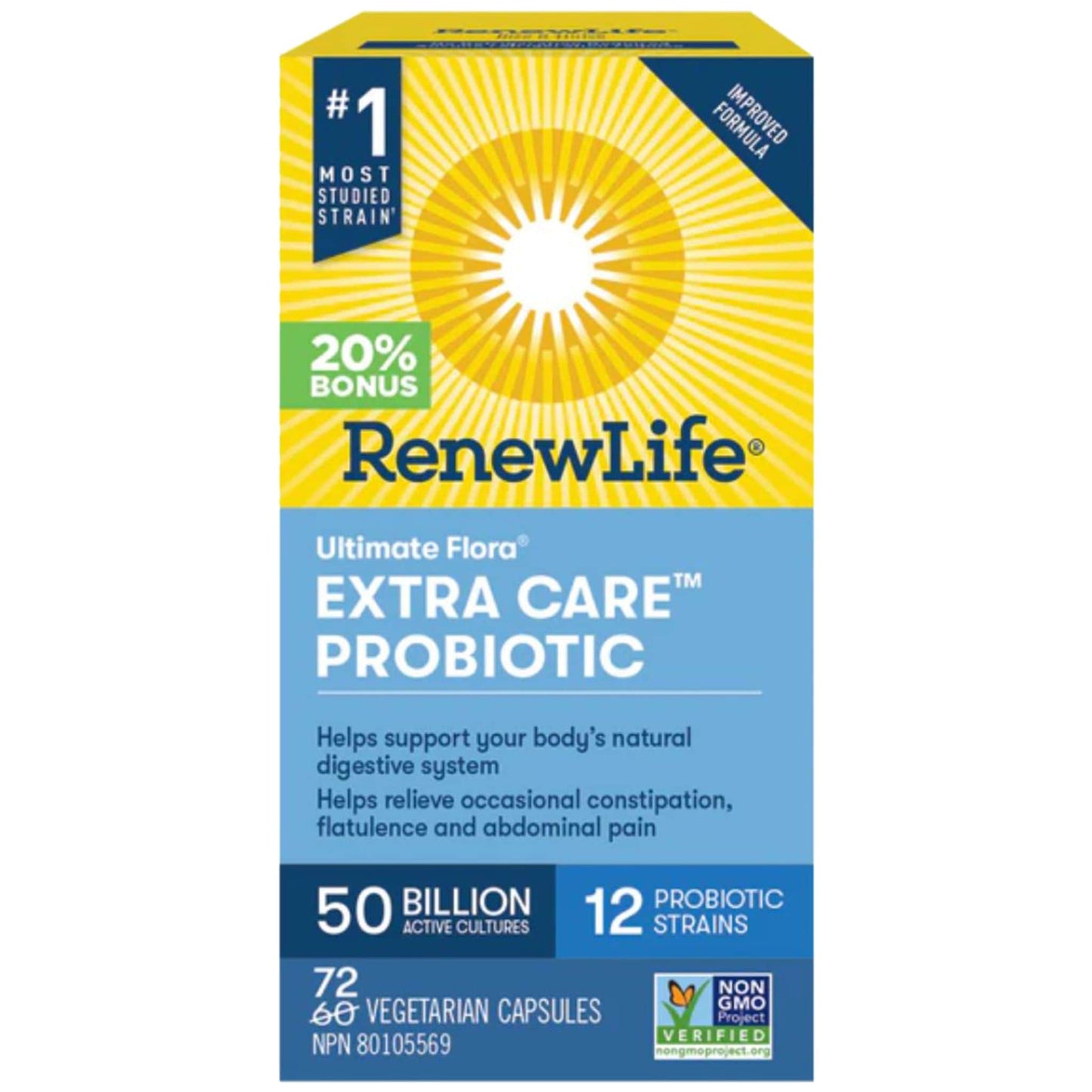 72 Vegetarian Capsules | RenewLife Ultimate Flora Extra Care Probiotic, 50 Billion Active Cultures, 12 Probiotic Strains