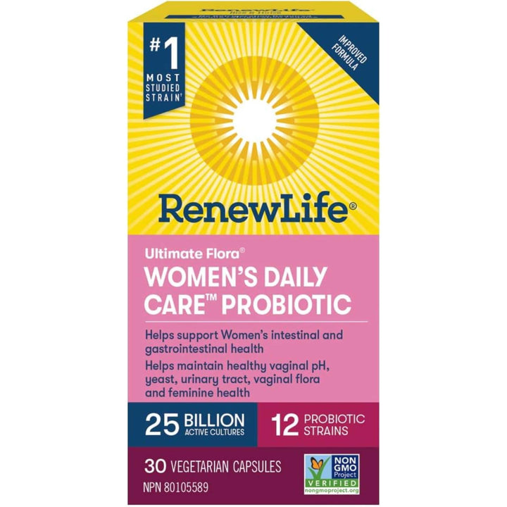 30 Vegetarian Capsules | RenewLife Ultimate Flora Women's Daily Care Probiotic, 25 Billion Active Cultures, 12 Probiotic Strains