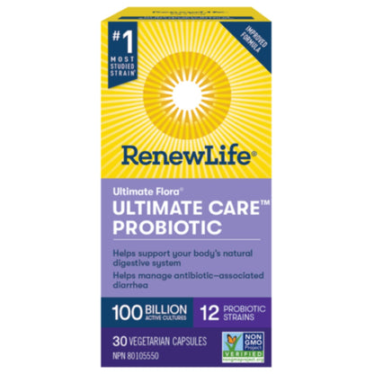 30 Vegetarian Capsules | RenewLife Ultimate Flora, Ultimate Care Probiotic, 100 Billion Active Cultures, 12 Probiotic Strains