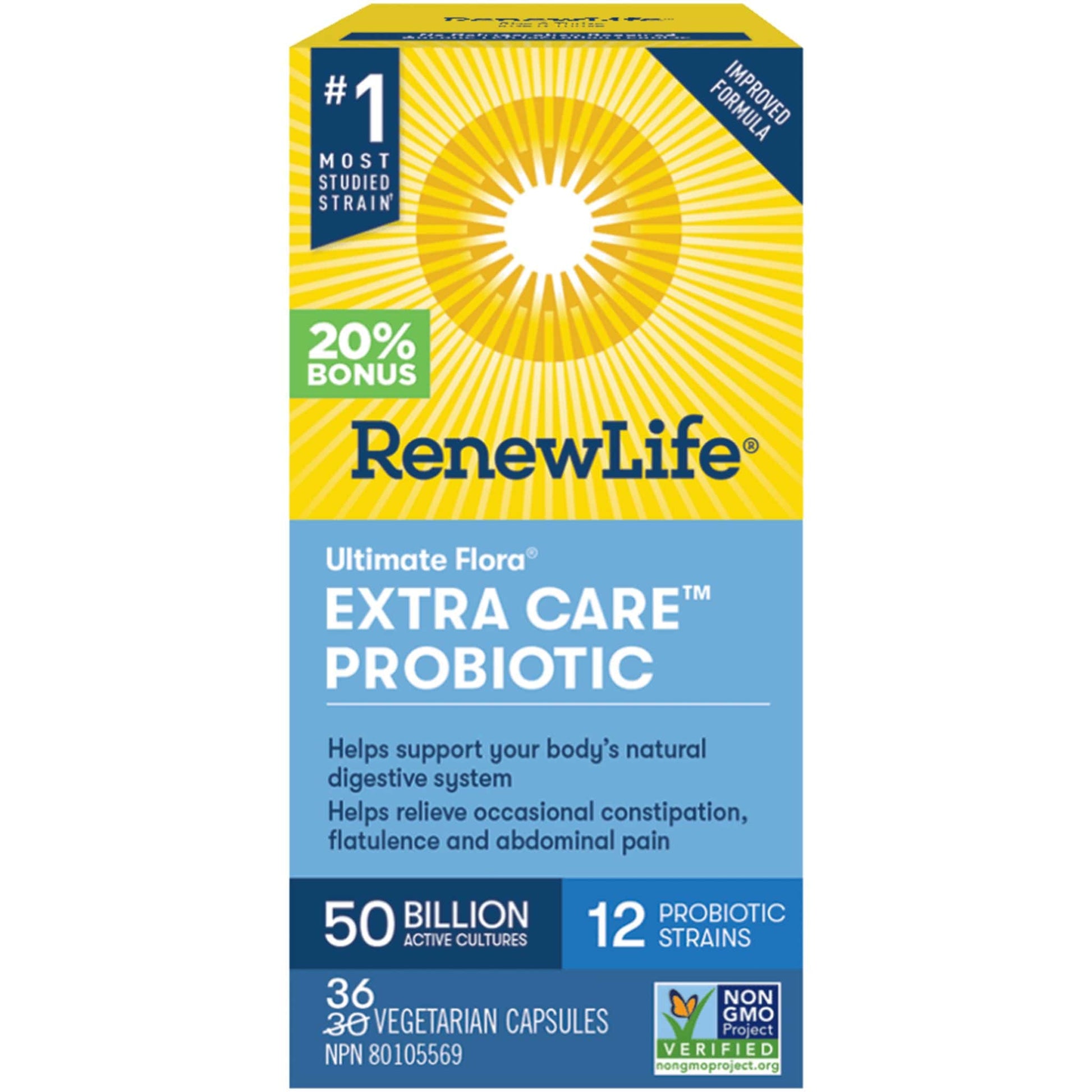 36 Vegetarian Capsules | RenewLife Ultimate Flora Extra Care Probiotic, 50 Billion Active Cultures, 12 Probiotic Strains