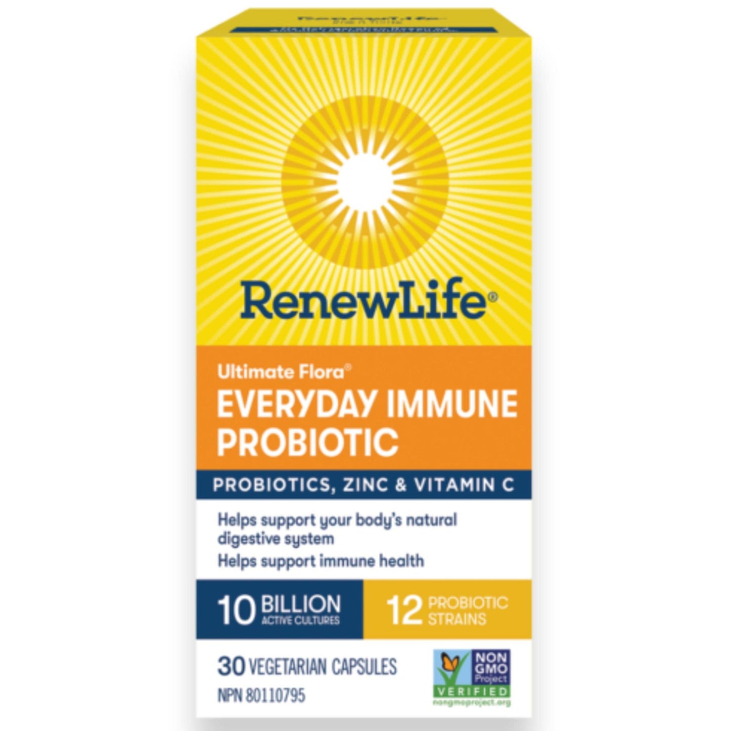 30 Vegetarian Capsules | RenewLife Ultimate Flora Everyday Immune Probiotic, 10 Billion Active Cultures, 12 Probiotic Strains