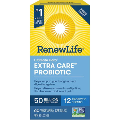 60 Vegetarian Capsules | RenewLife Ultimate Flora Extra Care Probiotic, 50 Billion Active Cultures, 12 Probiotic Strains