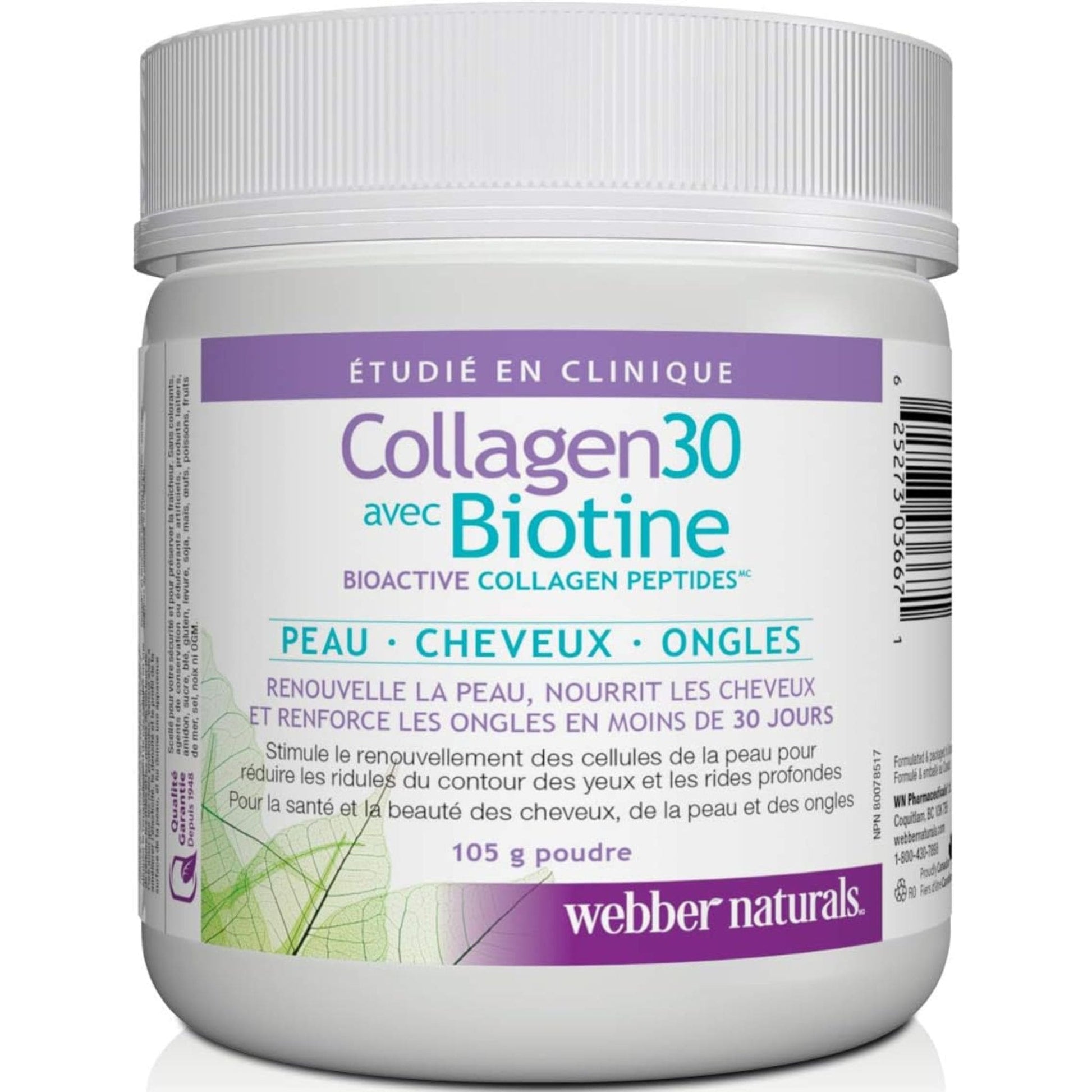 105g | Webber Naturals Collagen30 with Biotin Bioactive Collagen Peptides Powder // French Bottle