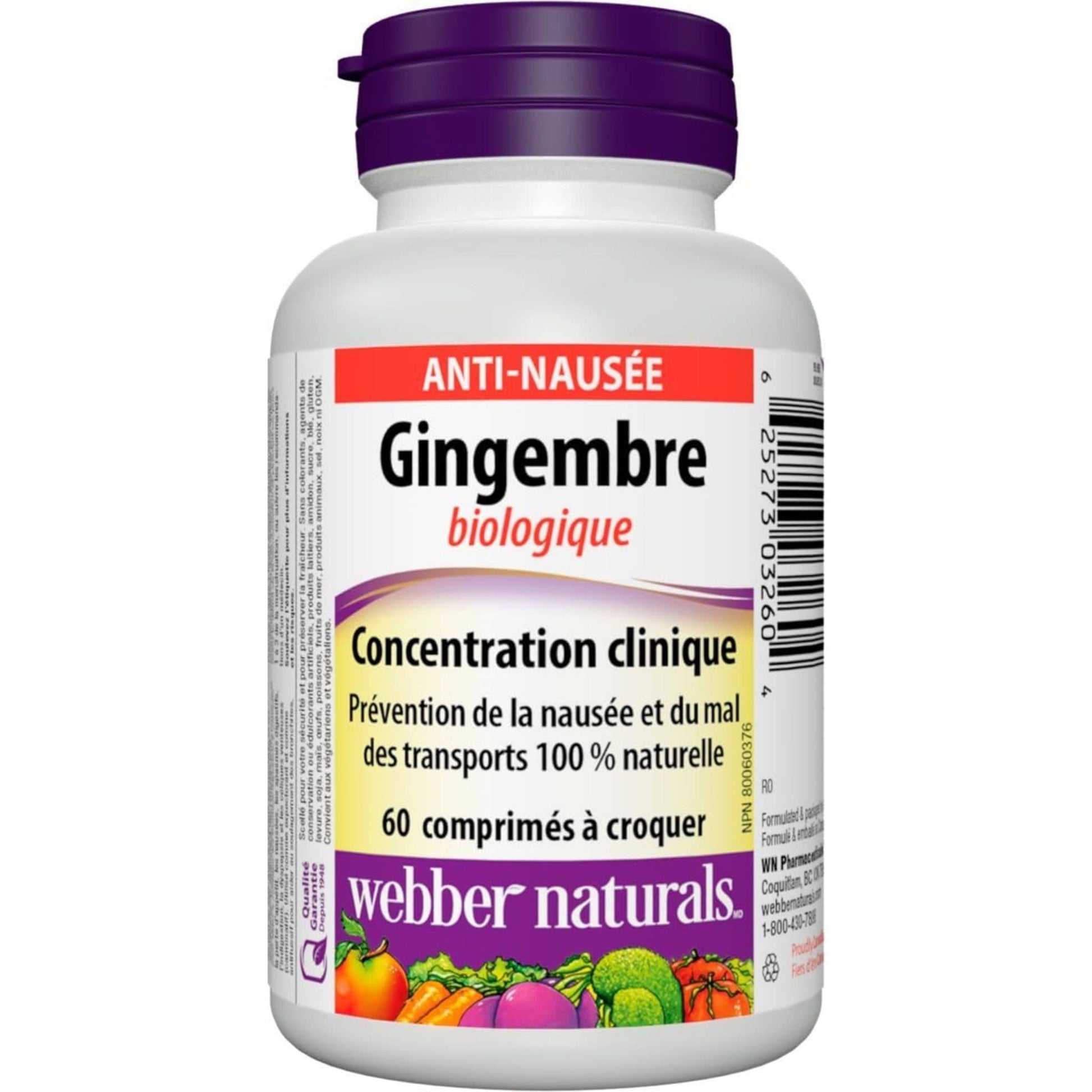 90 Chewable Tablets | Webber Naturals Ginger Flu Defence Formula with vitamin C, D3, and Zinc //  French Bottle