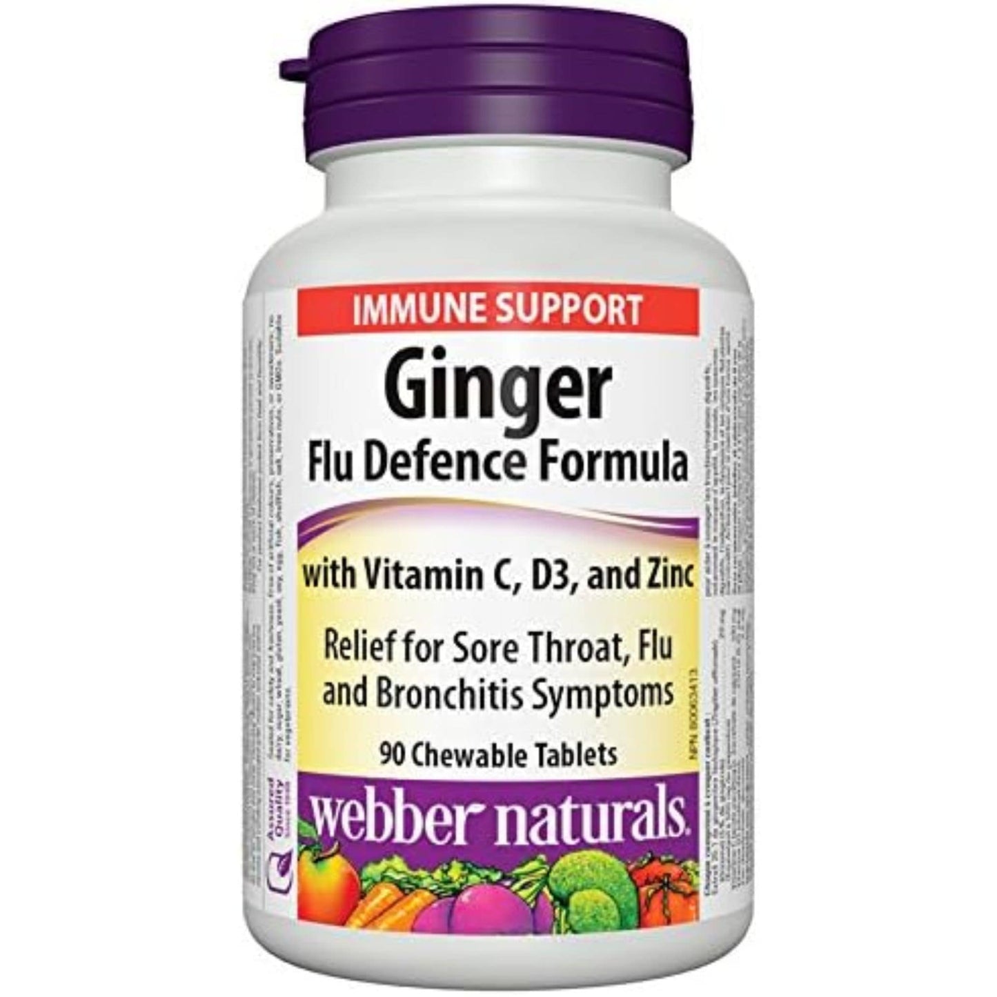 90 Chewable Tablets | Webber Naturals Ginger Flu Defence Formula with vitamin C, D3, and Zinc