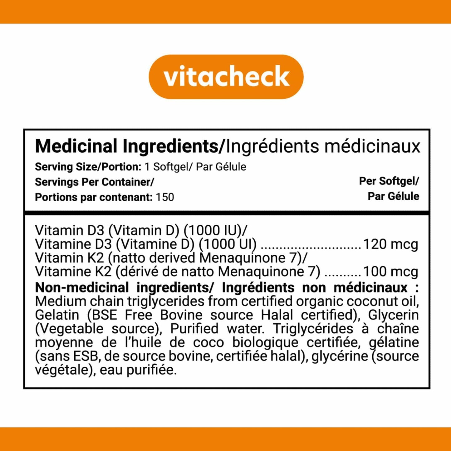 Vitacheck Vitamin D3+K2, 1000IU D3 and 100mcg K2, In Organic Coconut Oil for Better Absorption, Supports Bone and Heart Health, 150 Softgels