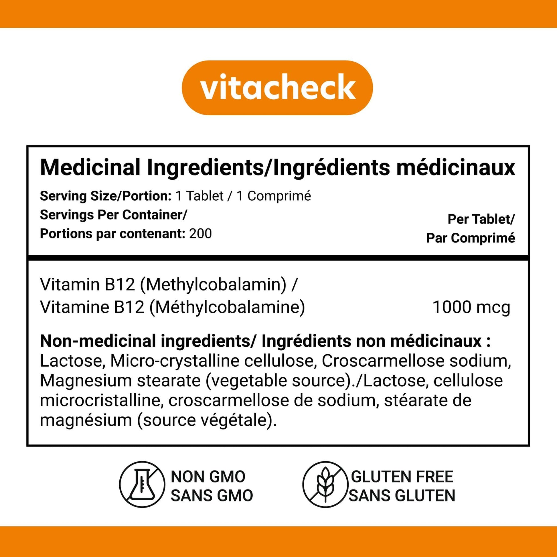 200 Sublingual Tablets | Vitacheck Vitamin B12 Methylcobalamin Nutrition Label