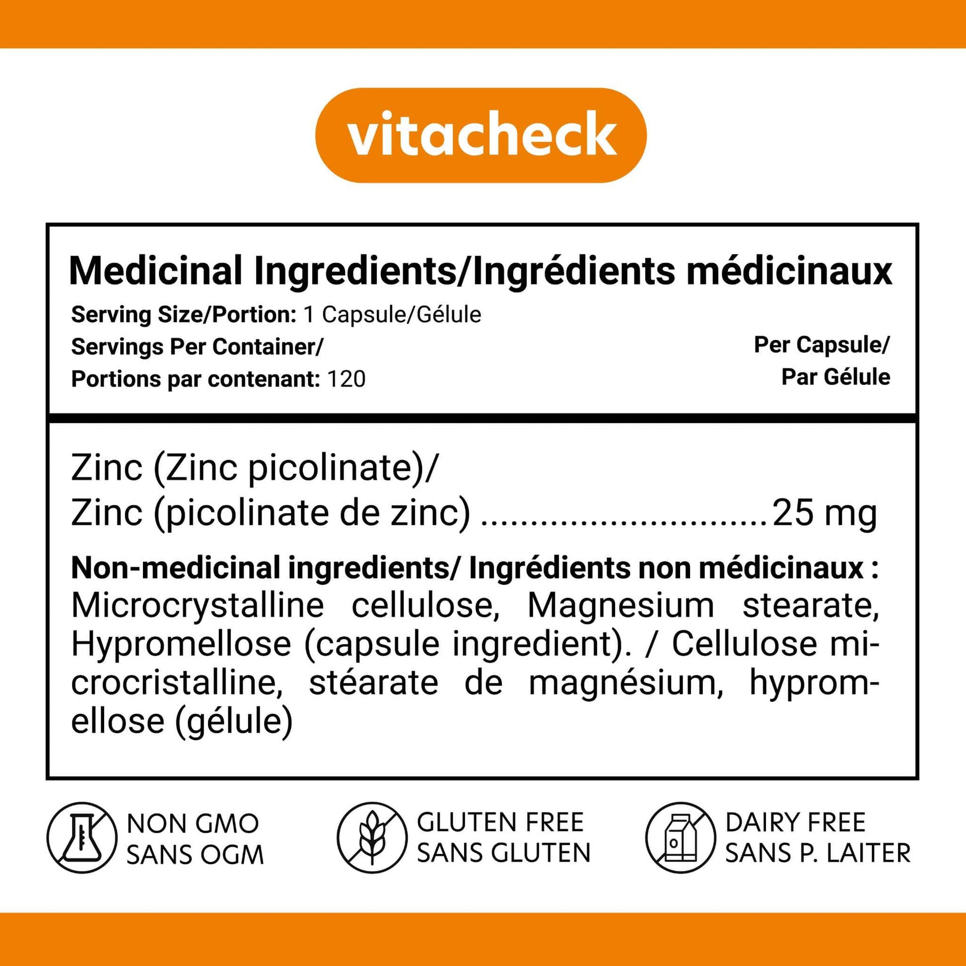 120 Vegetable Capsules | Vitacheck Zinc Picolinate Nutrition Fact Label