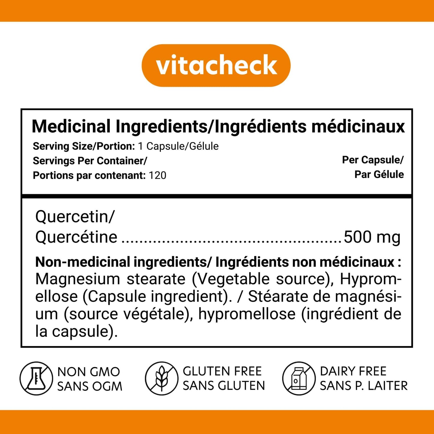 120 Vegetable Capsules | Vitacheck Quecetin Nutrition Label