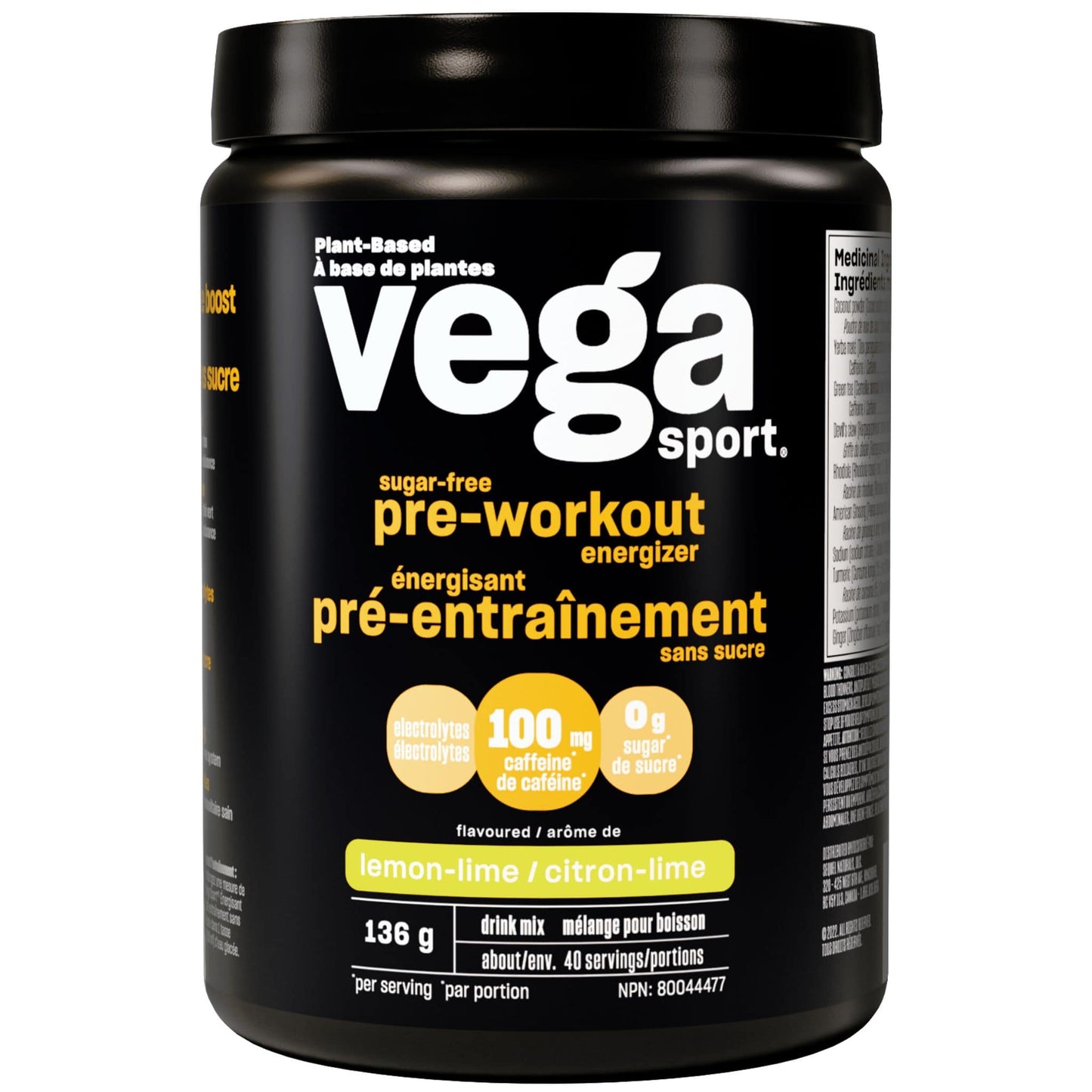 Lemon Lime Flavour 136g | Vega Sport Sugar-Free Pre-Workout Energizer // lemon lime flavour