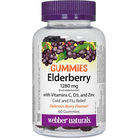 Webber Naturals Elderberry Gummies 1280mg Plus Vitamin C, D3 and Zinc, Cold and Flu Relief, 60 Gummies