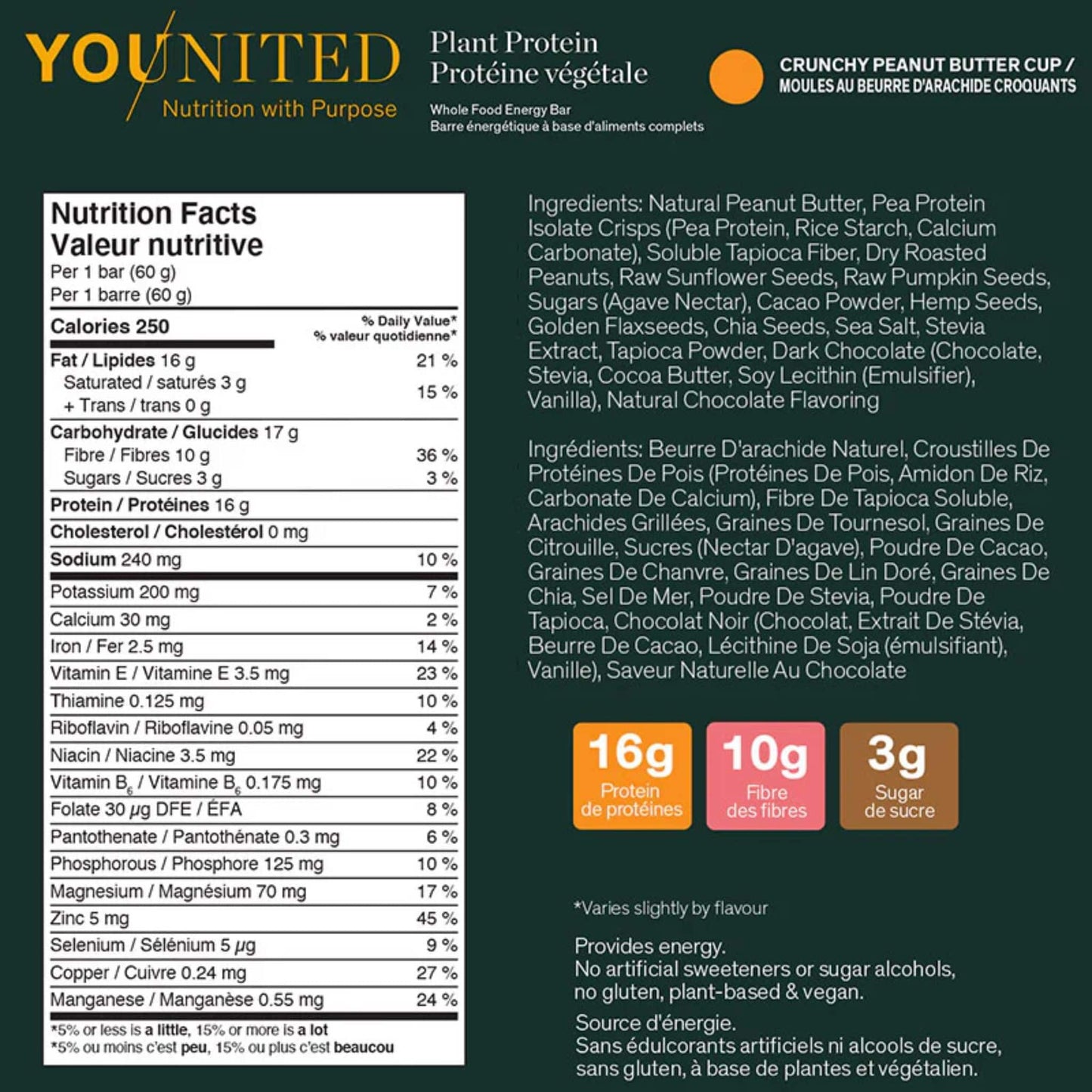 Box (12 Bars) Crunchy Peanut Butter Cup | Younited Plant Protein Whole Food Energy Bar