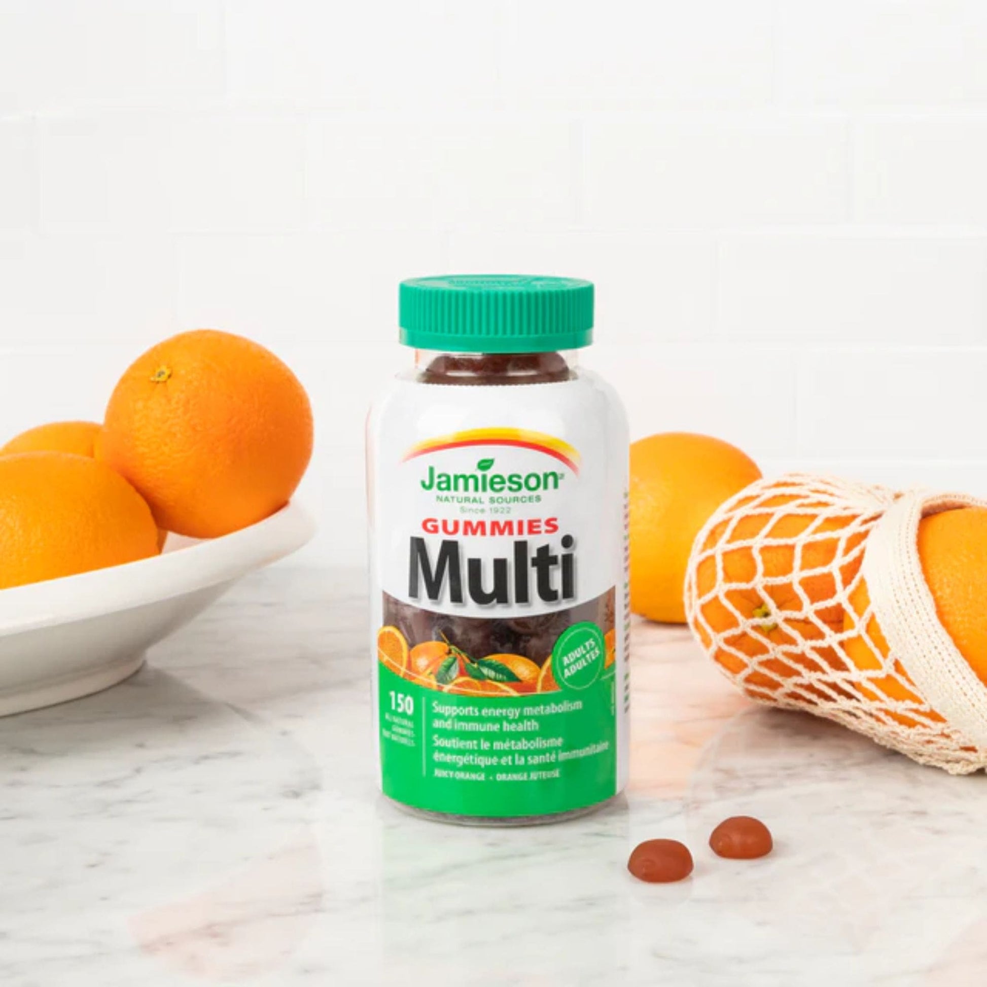 Juicy Orange, 150 Gummies | Jamieson Gummies Multi for Adults bottle // photographic