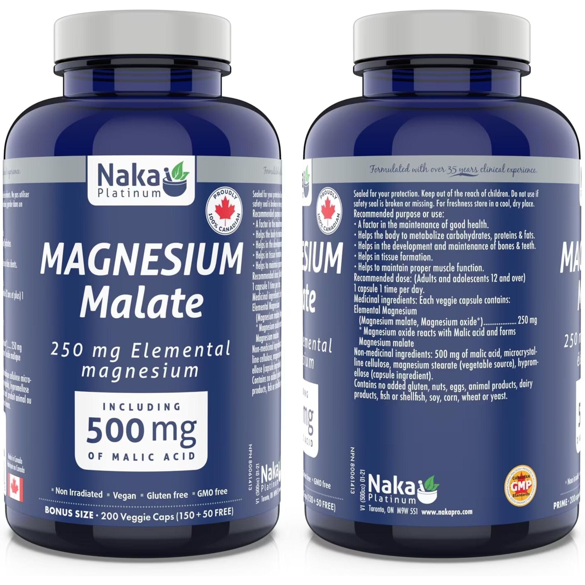 Naka Platinum Magnesium Malate 250mg 200 Vegetable Capsules