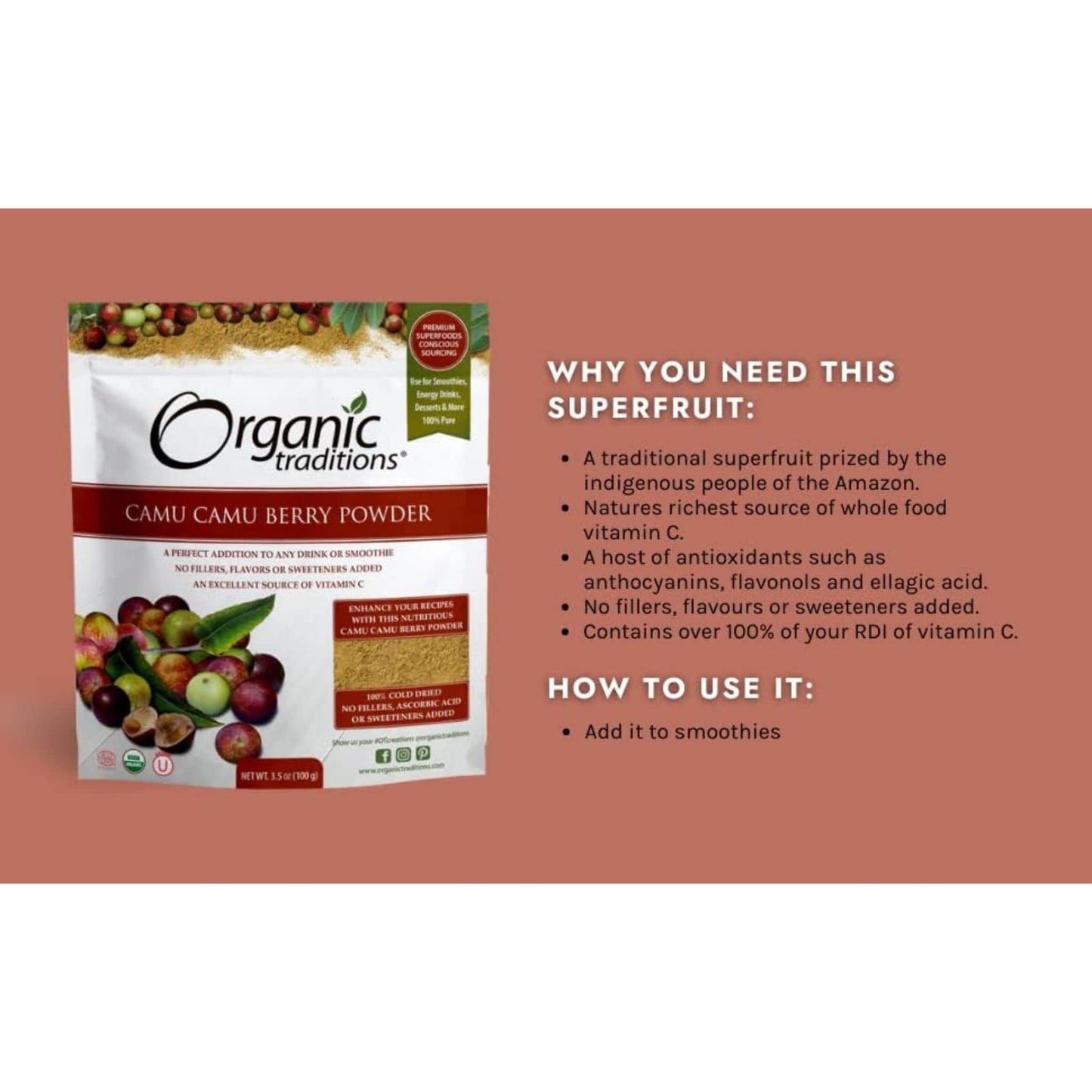 100g | Organic Traditions Camu Camu Berry Powder 3.5oz // infographic