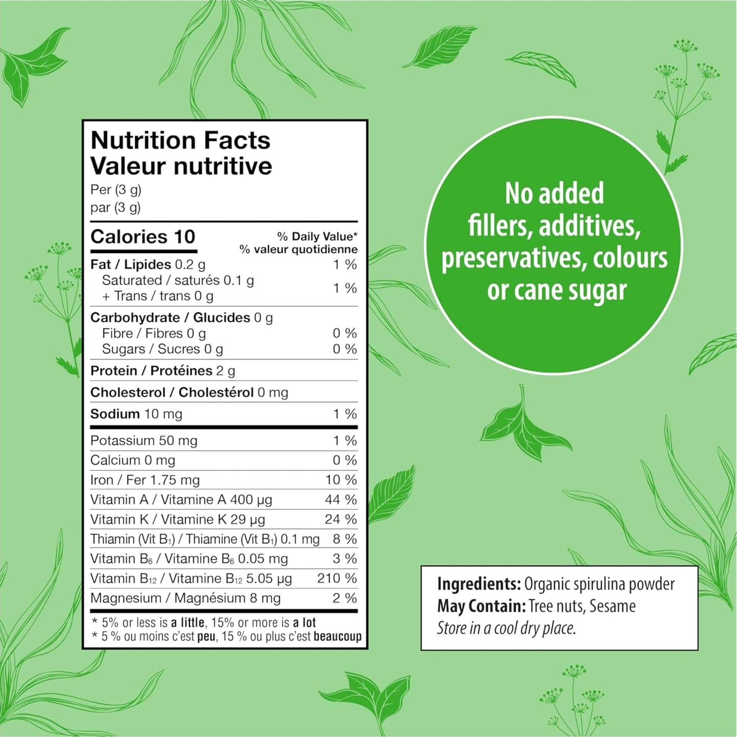 150g | Organic Traditions Spirulina Powder 5.3oz // Nutrition facts