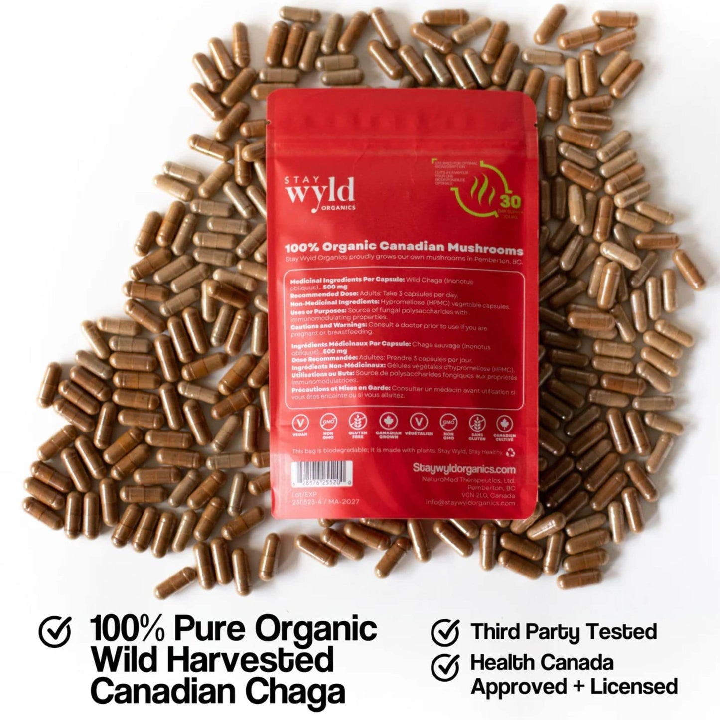 90 Capsules | Stay Wyld Organics Be Well, Chaga // back info