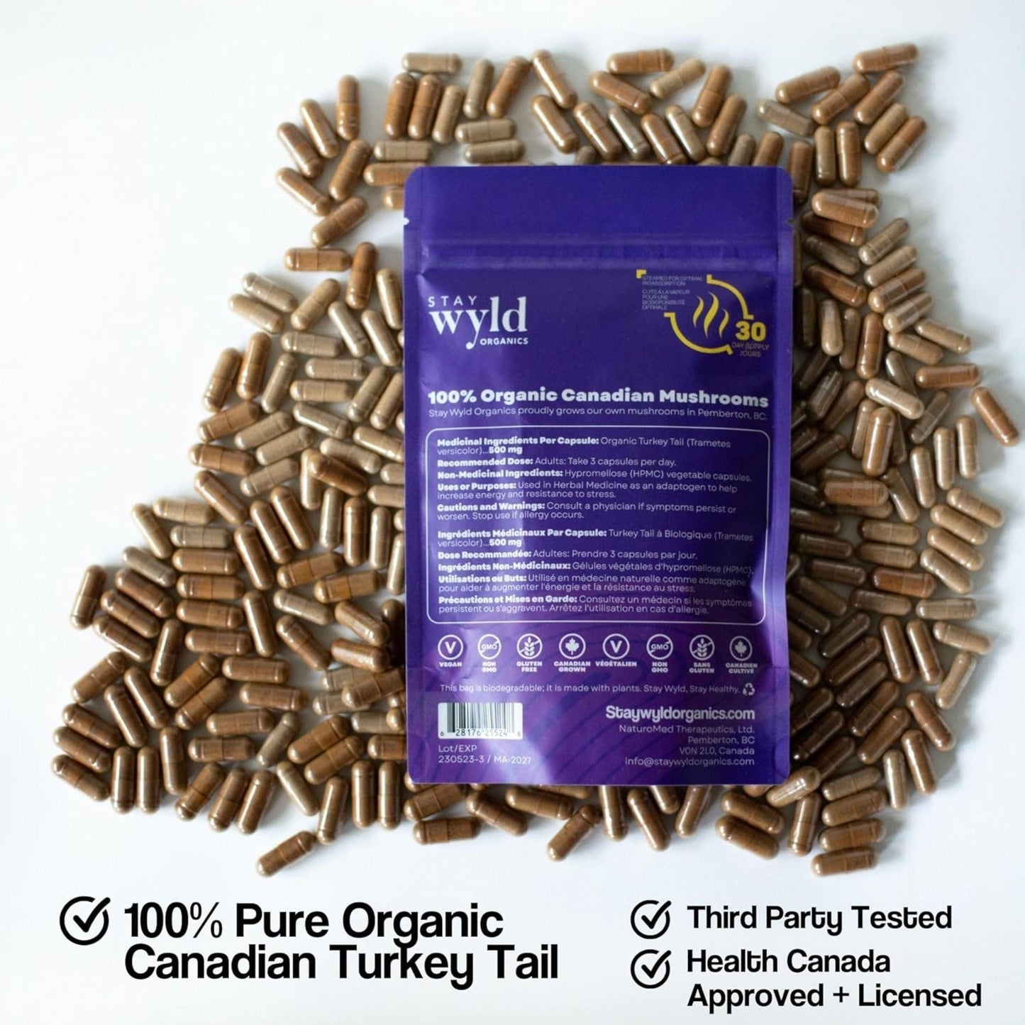 90 Capsules | Stay Wyld Organics Body Guard, Turkey Tail // back info