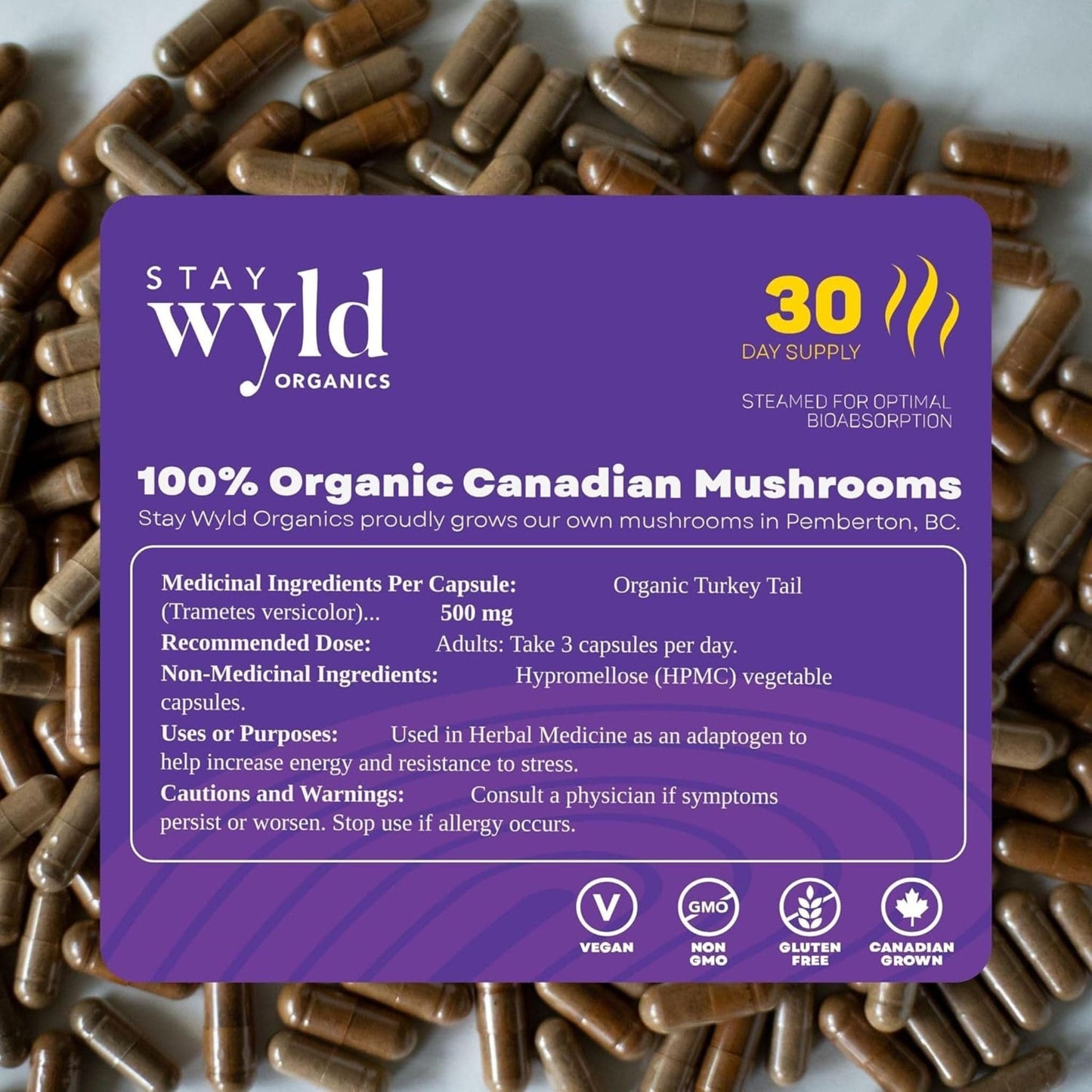 90 Capsules | Stay Wyld Organics Body Guard, Turkey Tail // nutrition facts