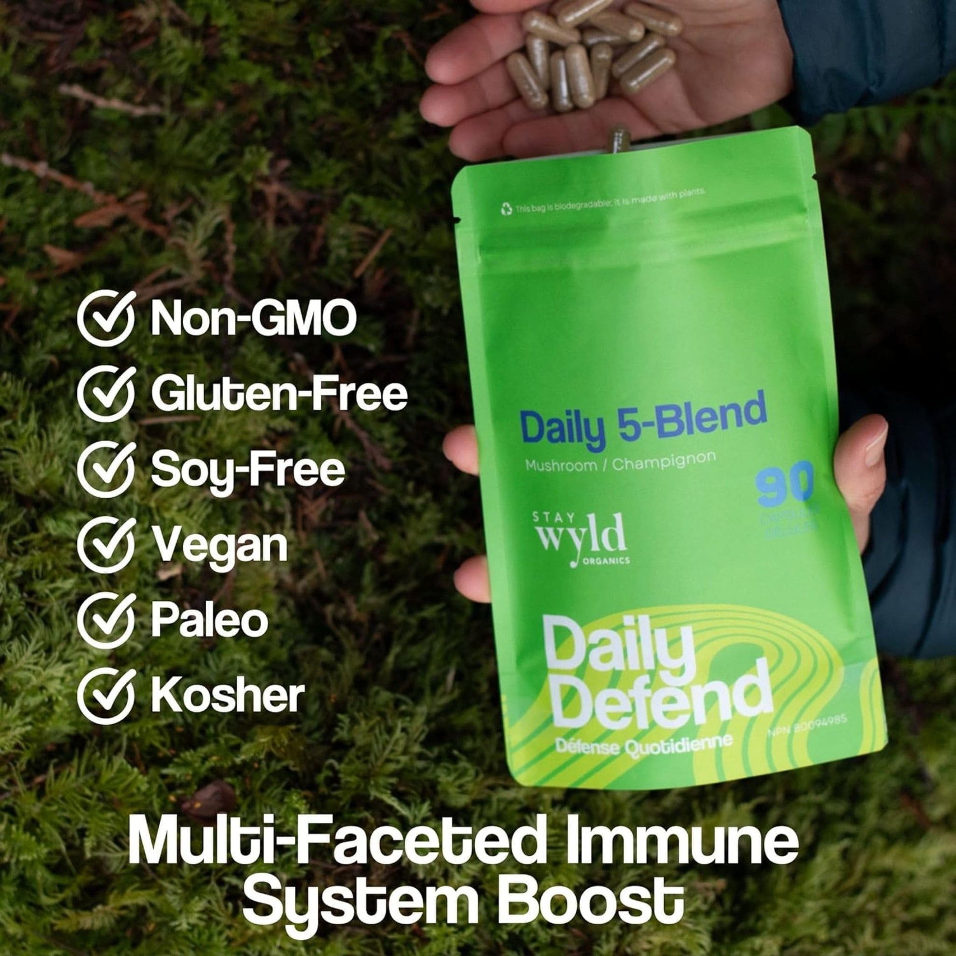 90 Capsules | Stay Wyld Organics Daily Defend, Dialy 5-Blend // features