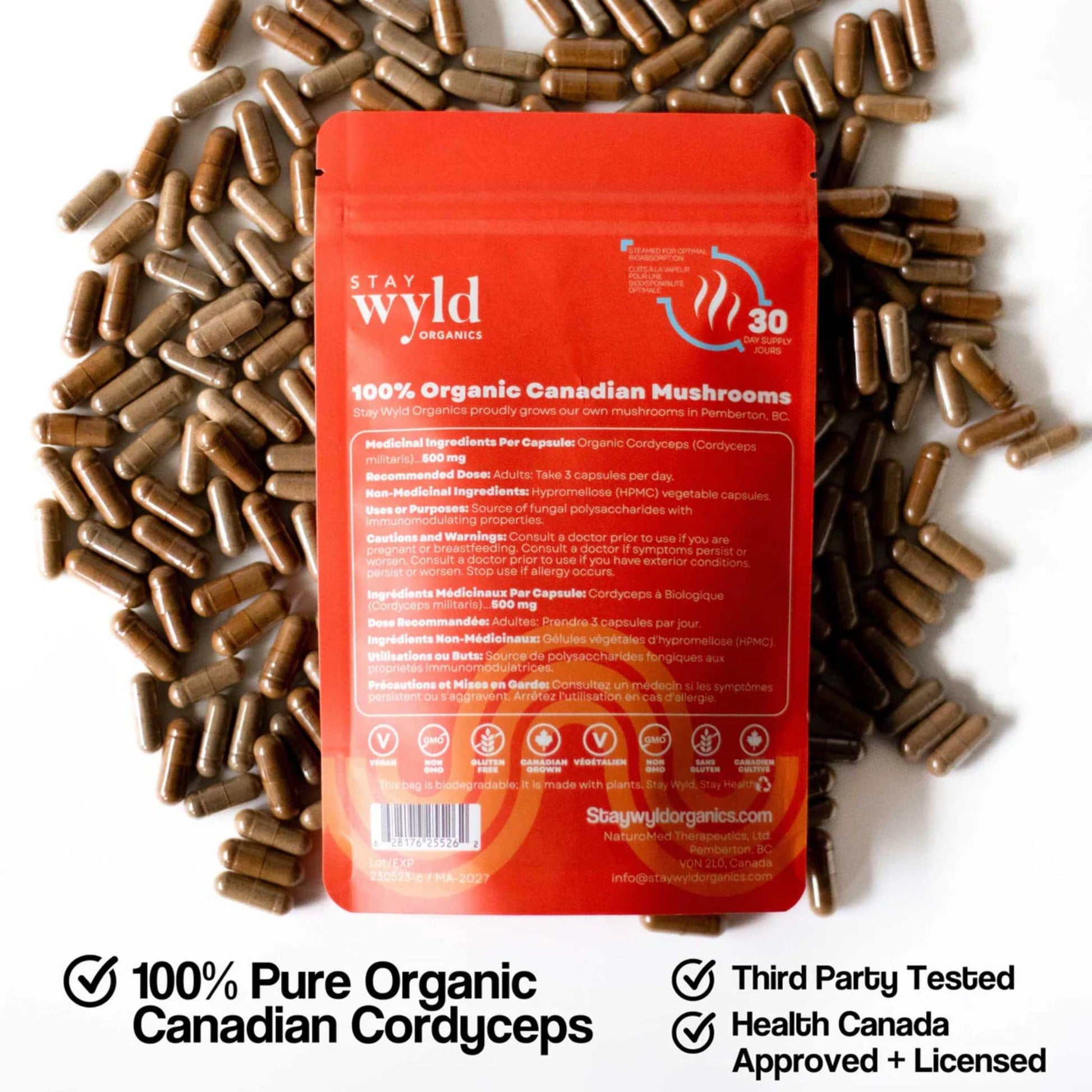 90 Capsules | Stay Wyld Organics Cordyceps, Power Up // back info