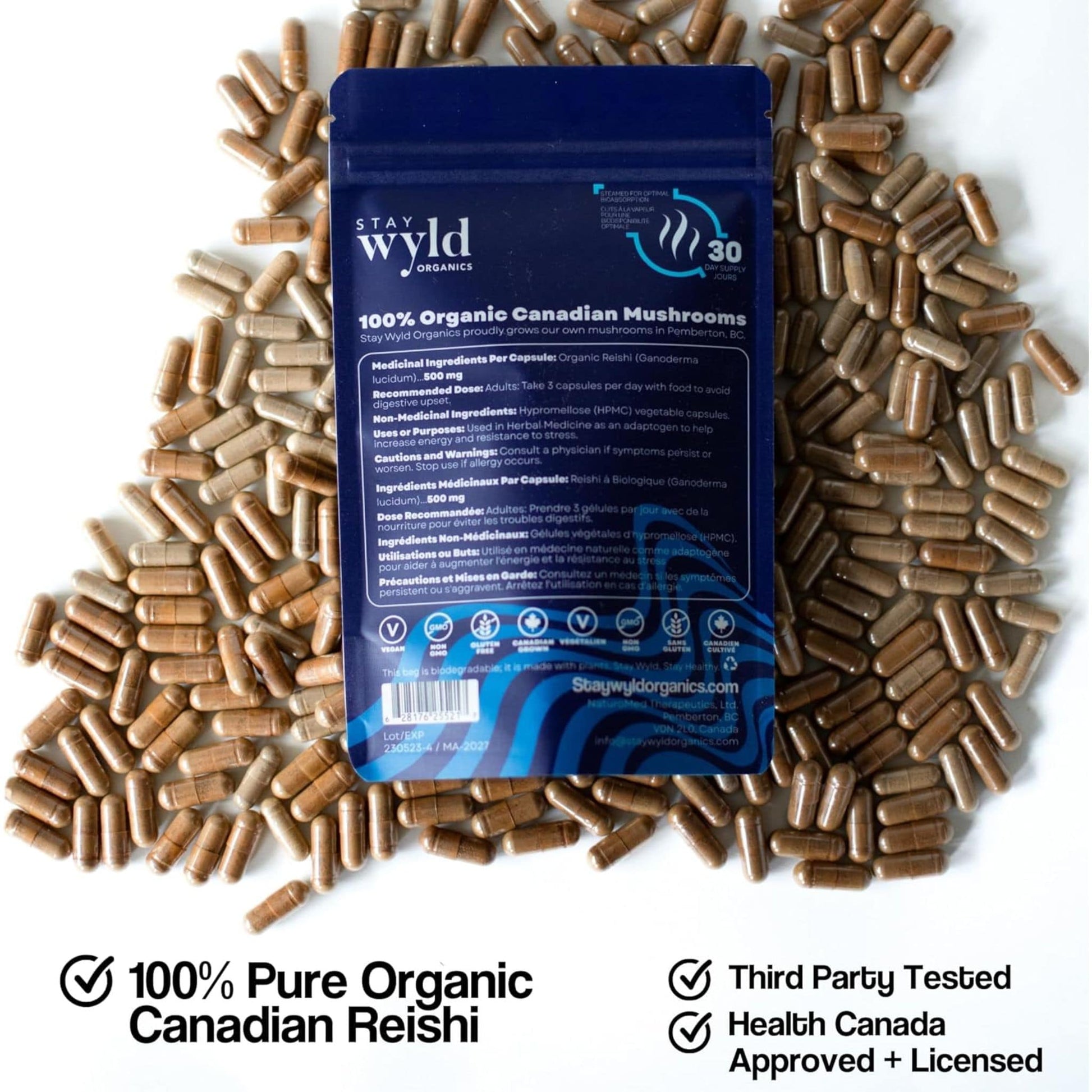 90 Capsules | Stay Wyld Organics Stress Less, Reishi // back info