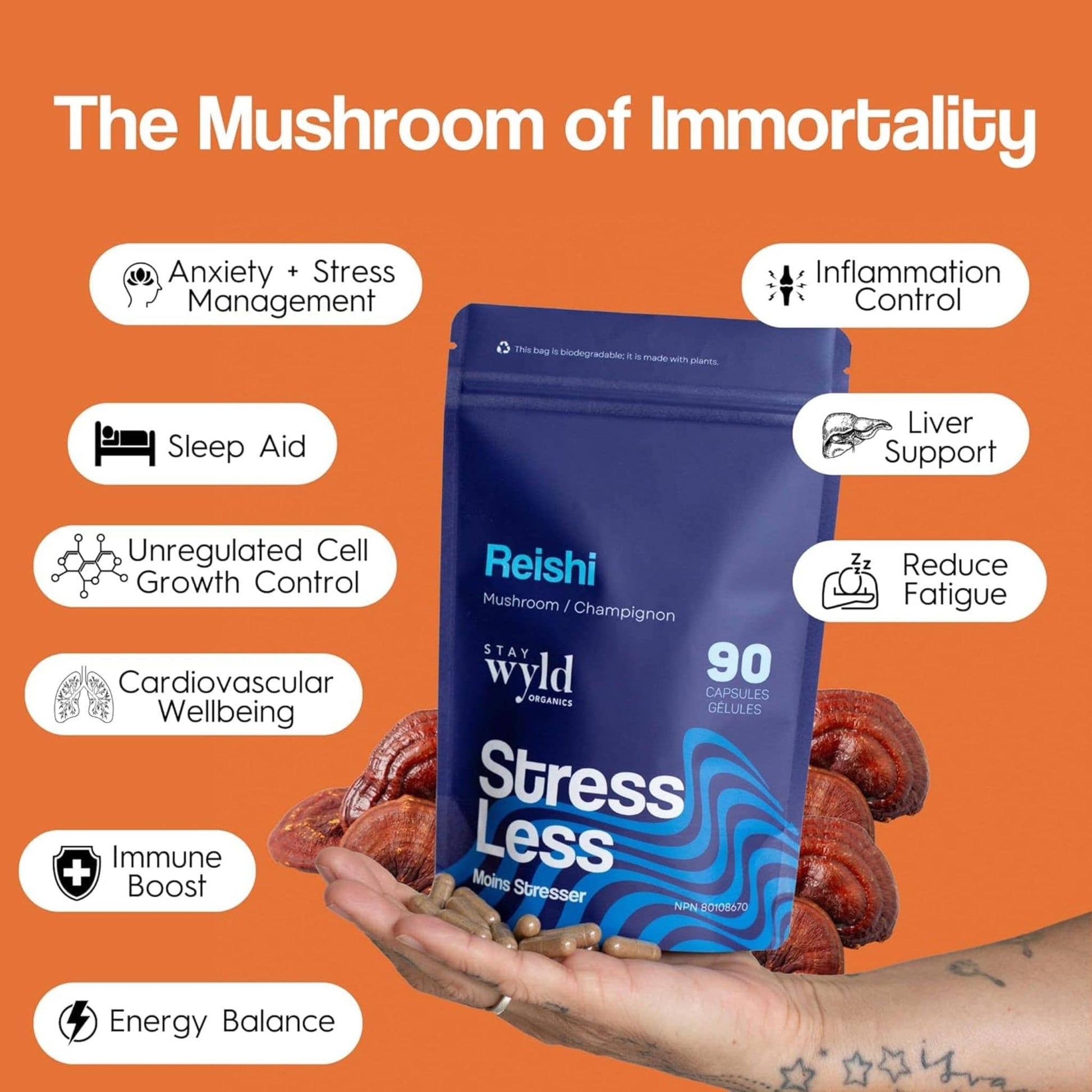 90 Capsules | Stay Wyld Organics Stress Less, Reishi // benefits