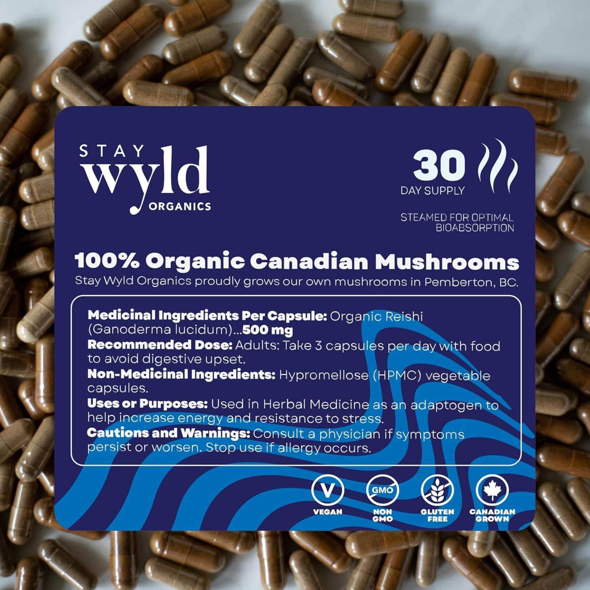 90 Capsules | Stay Wyld Organics Stress Less, Reishi // nutrition facts