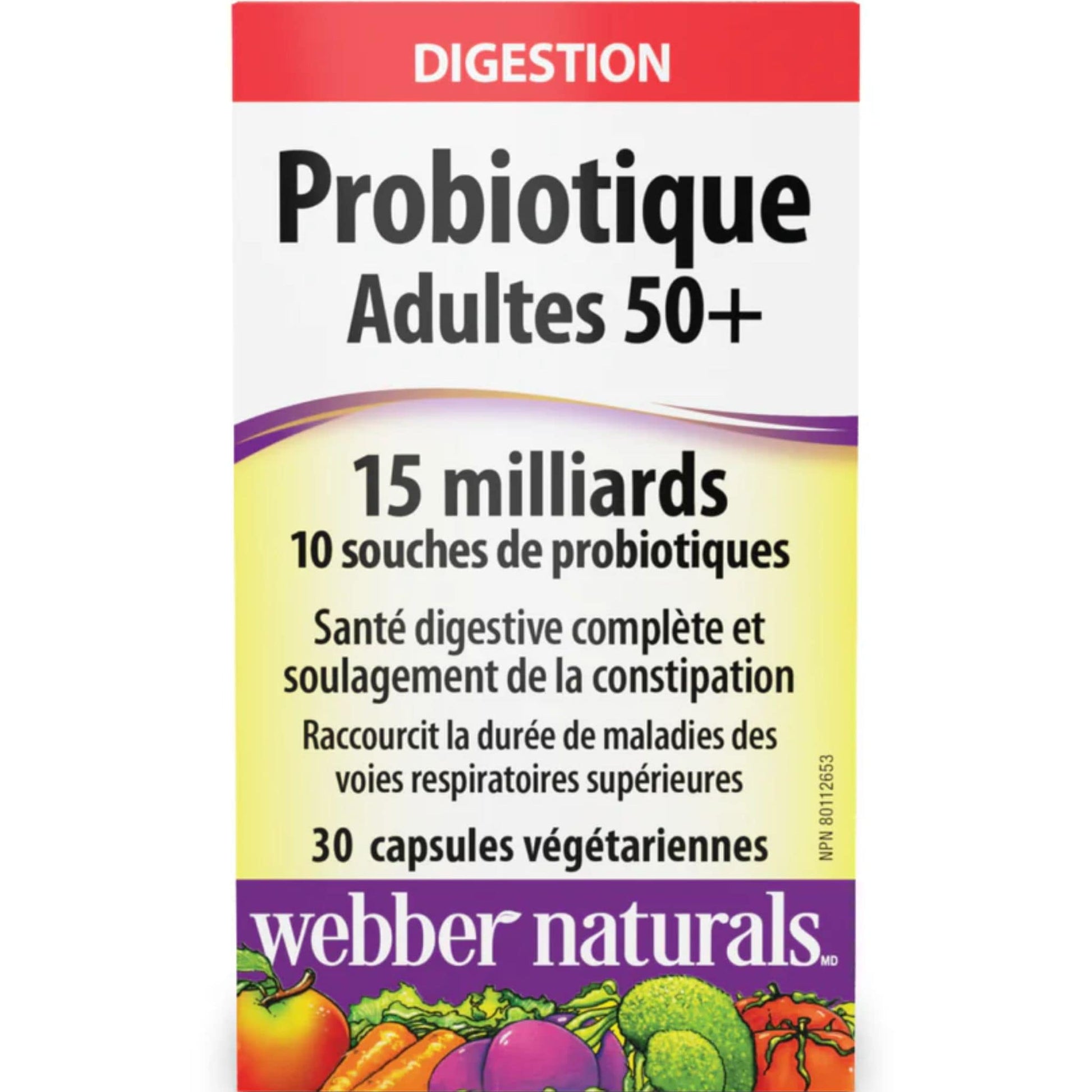 30 Vegetarian Capsules | Webber Naturals Adult 50+ Probiotic 15 Billion, 10 Probiotic Strains // French Package