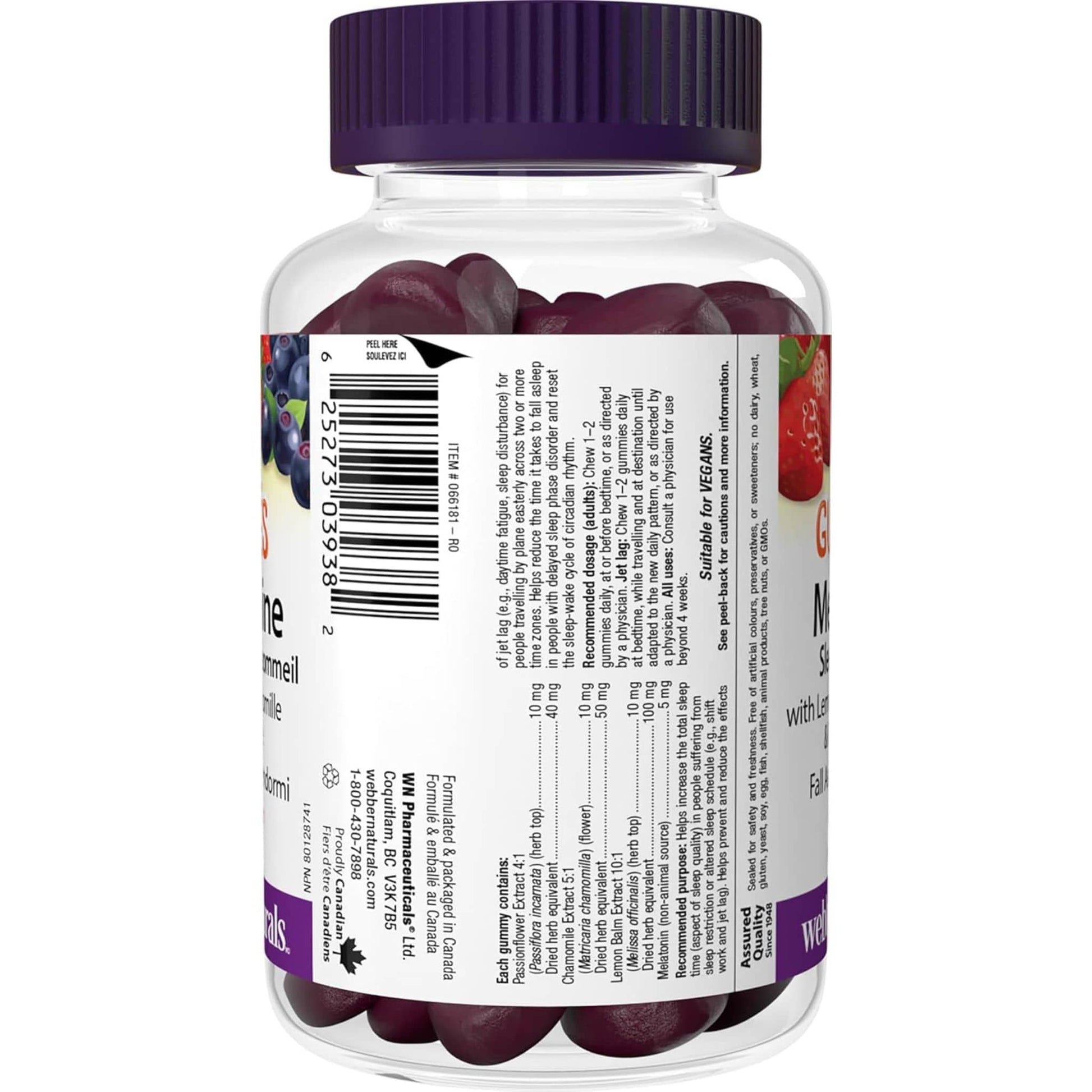 Berry Flavour, 60 Gummies | Webber Naturals Melatonin Sleep Complex Gummies // back info