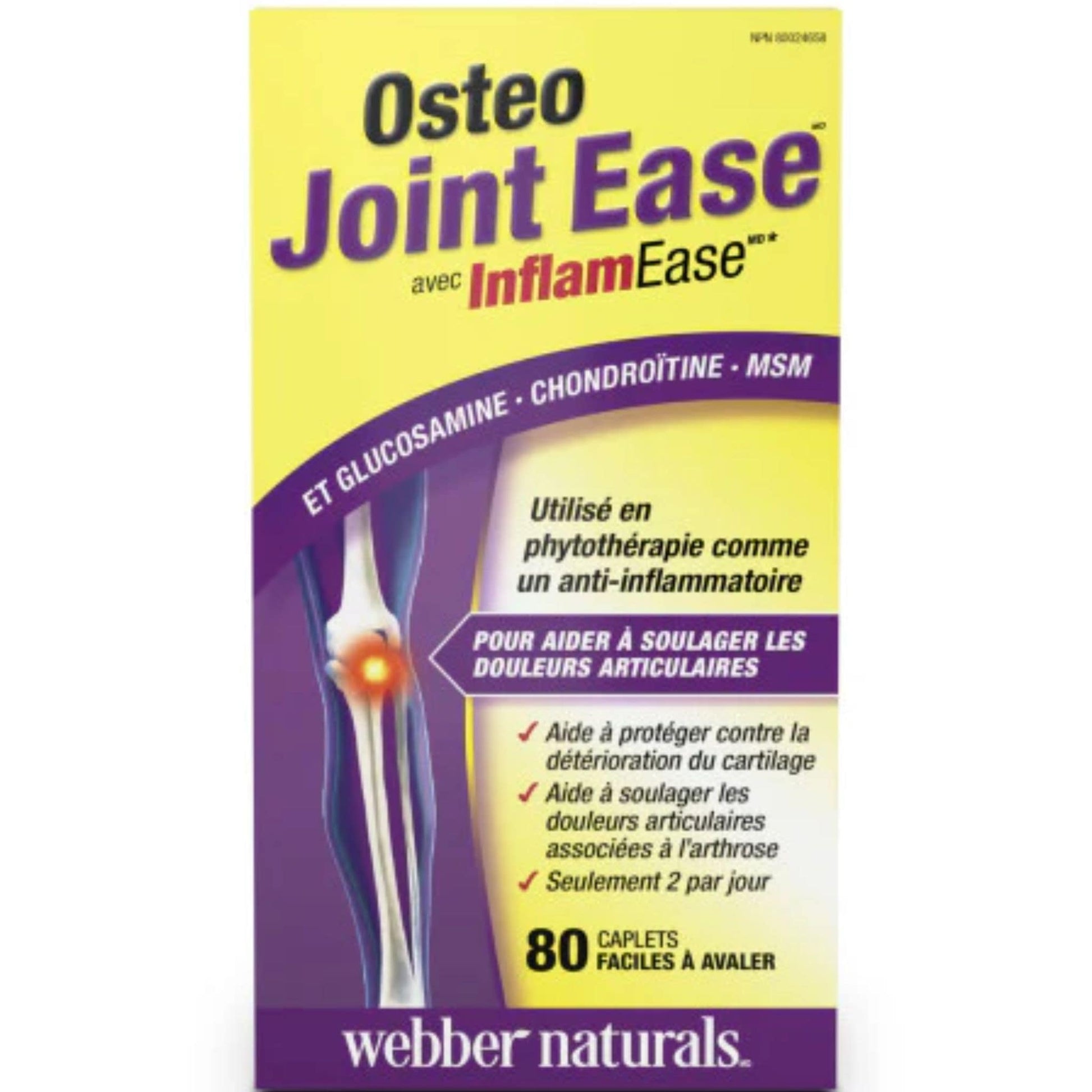 80 Easy Swallow Caplets | Webber Naturals Osteo Joint Ease with InflamEase and Glucosamine, Chondroitin and MSM // French Bottle