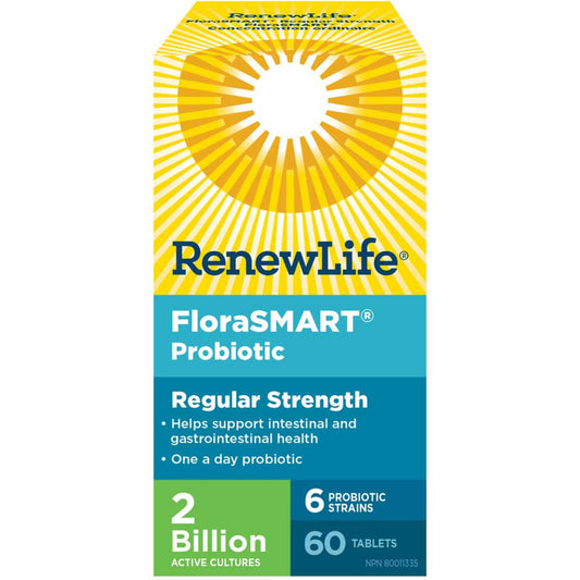 60 Tablets | RenewLife FloraSMART probiotic regular Strength, 2 Billion Active Cultures, 6 Probiotic Strains