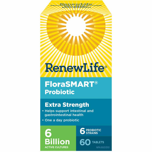 60 Tablets | RenewLife FloraSMART Probiotic Extra Strength, 6 Billion Active Cultures, 6 Probiotic Strains