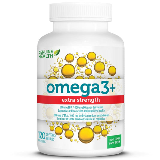 Genuine Health Omega3 Extra Strength Fish Oil, Clean and Wild Caught, No Fishy Odour or Aftertaste, 120 Softgels