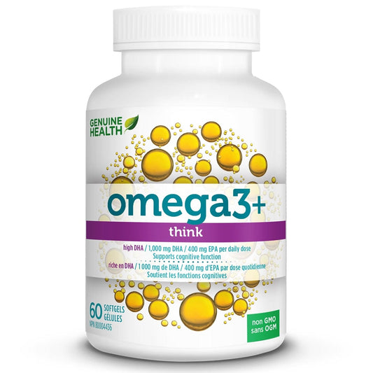 Genuine Health Omega3+ Think, Boost Memory, Concentration and Focus, Wild Caught, Purity Tested, No Fishy Aftertaste or Odour, 60 Softgels