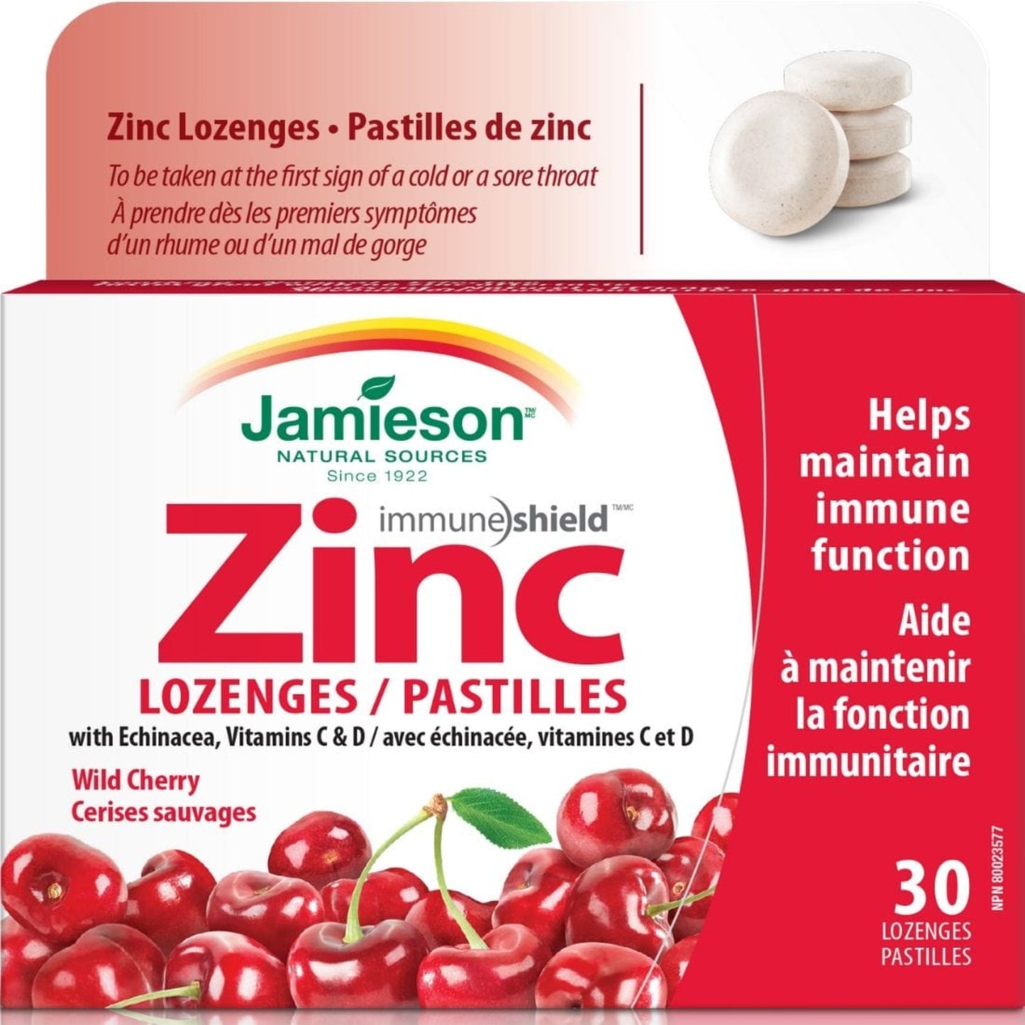 Wild Cherry, 30 Lozenges | Jamieson Zinc Lozenges with Echinacea, Vitamins C & D // wild cherry flavour