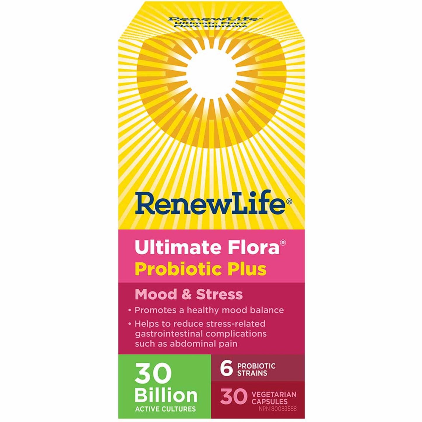 30 Vegetarian Capsules | RenewLife Ultimate Flora Probiotic Plus, Mood & Stress, 30 Billion Active Cultures, 6 Probiotic Strains