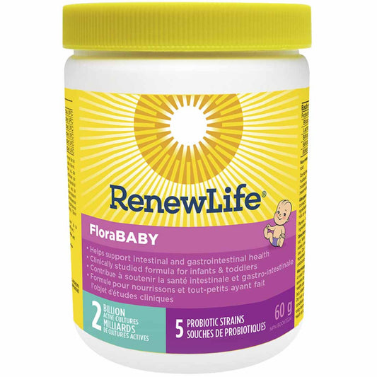 Powder 60g | RenewLife FloraBABY for Kids, 2 Billion Active Cultures, 5 Probiotic Strains