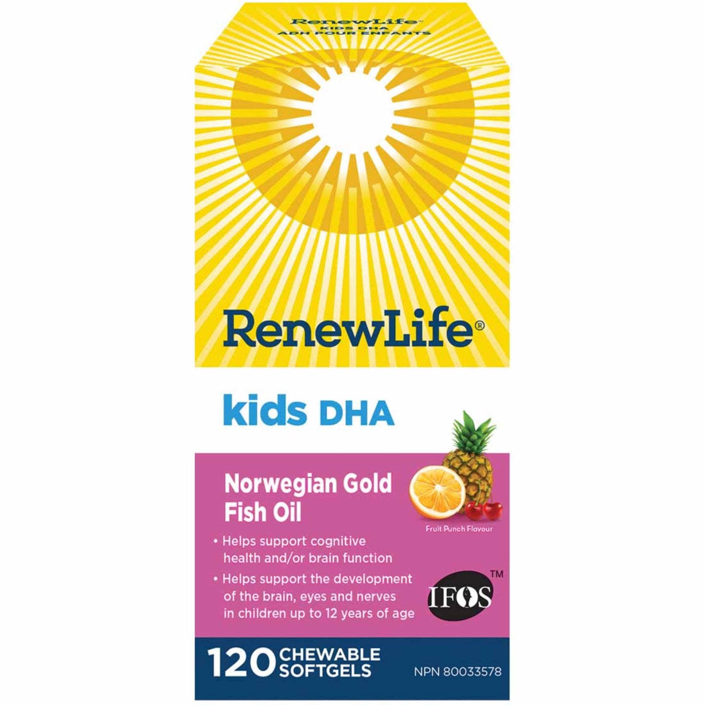 Fruit Punch, 120 Softgels | RenewLife Kids DHA Norwegian Gold Fish Oil // fruit punch flavour